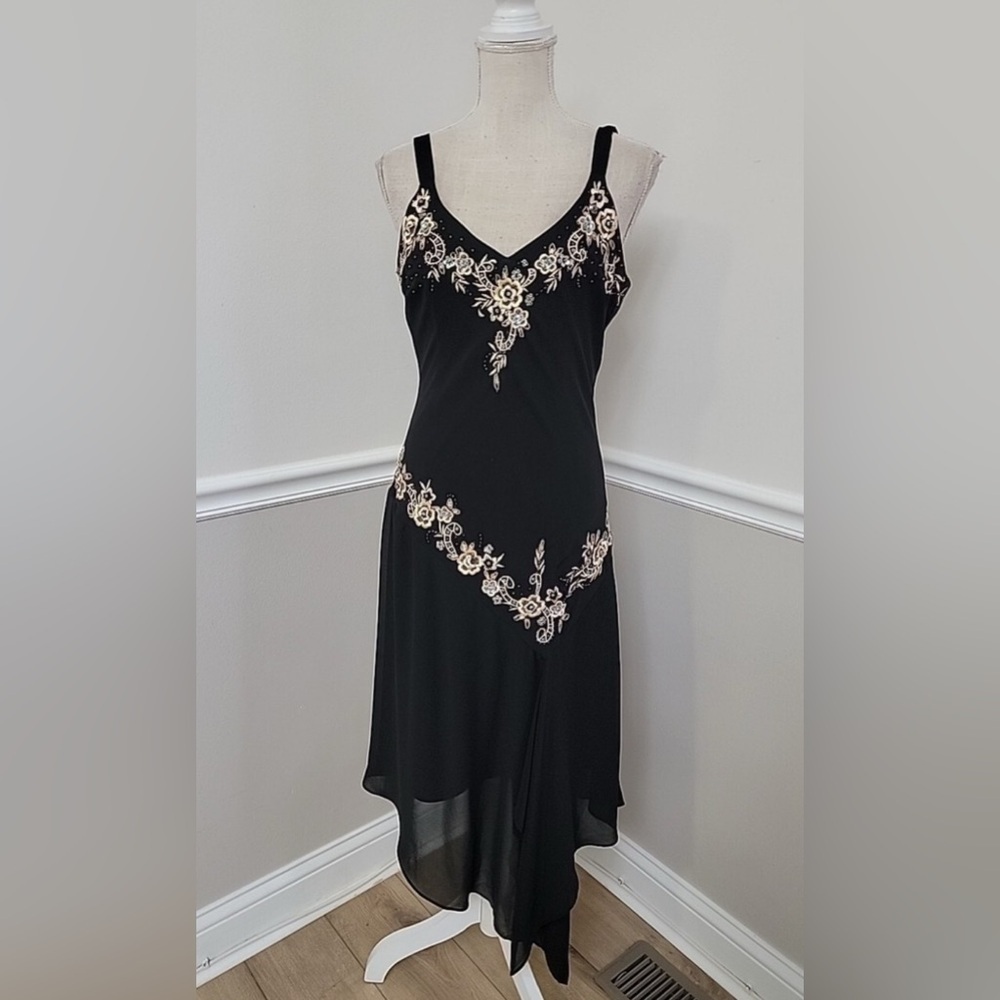 Vintage R&M Richards Black Floral Handkerchief Hem Dress 14P Y2K Fairy Flapper